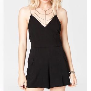 LF Black Shorts Romper with Tank Top Chain Straps Necklace Detail & Pockets